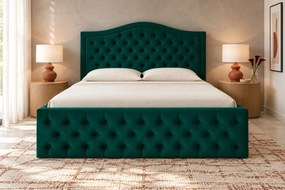 Pat tapițat Chesterfield din catifea Solaria Deluxe 200×200 cm, verde, cu ladă de depozitare
