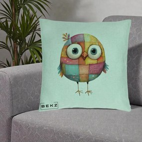 Perna Decorativa Pasare Patchwork Colorata, 40x40 cm, Verde Menta, Husa Detasabila, Perna Inclusa, BEKZ®