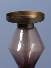 Sfeșnic din sticlă și metal, vișiniu-auriu antichizat, structură sculpturală etajată, finisaj patinat, 23×12 cm, „Astrolab"