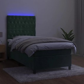 Pat continental cu saltea si LED verde inchis 80x200 cm catifea Verde inchis, 80 x 200 cm, Design cu nasturi