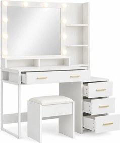 Set FREYA – Masă de Toaletă pentru Machiaj, Oglindă 10 becuri LED, Iluminare reglabila, Sertare, Rafturi, modul incarcare dubla priza+USB, Scaun, Alb