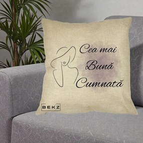 Cadou pentru Cumnata - Perna Personalizata Cea mai Buna Cumnata cu Silueta Dama si Pete Violet, 40x40 cm, Crem, Husa Detasabila, Perna Inclusa, BEKZ®
