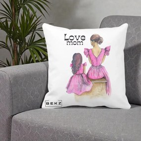 Cadou pentru Mama - Perna Personalizata Love Mom Rochii Roz, 40x40 cm, Alba Mata, Husa Detasabila, Perna Inclusa, BEKZ®