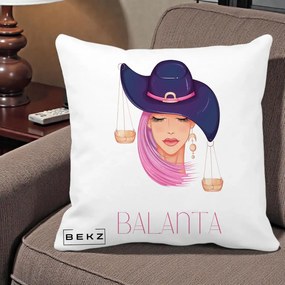 Perna Personalizata Zodiac Balanta Cowgirl, 40x40 cm, Alba Mata, Husa Detasabila, Perna Inclusa, BEKZ®