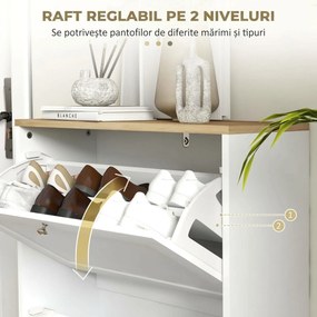 HOMCOM Pantofar Slim cu 2 Uși Rabatabile, Rafturi Reglabile și Detașabile, pentru 8-12 Perechi, 60x23,5x80 cm, Alb | Aosom Romania