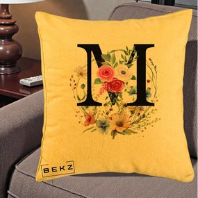 Cadou Personalizat - Perna Personalizata Monogram Litera M cu Flori Acuarela, 40x40 cm, Galben, Husa Detasabila, Perna Inclusa, BEKZ®