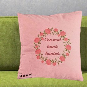 Cadou pentru Bunica - Perna Personalizata Cea Mai Buna Bunica Coronita Trandafiri Roz Clasic, 40x40 cm, Roz, Husa Detasabila, Perna Inclusa, BEKZ®