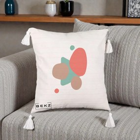 Perna Decorativa Abstract Forme Coral Turcoaz, 40x40 cm, Bej cu Franjuri, Husa Detasabila, Perna Inclusa, BEKZ®