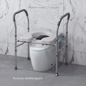 HOMCOM Scaun cu Vas de Toaletă pentru Vârstnici, Scaun de Toaletă Multifuncțional 4-În-1 cu Înălțime Reglabilă, 64x53x70-82 cm, Gri | Aosom Romania