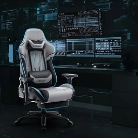 RESIGILAT- DOWINX Scaun gaming, ergonomic, pernă lombară cu masaj, spatar inalt, suport pentru picioare, piele PU matlasata, respirabila, cotiere 4D, rezistent 150 kg, Gri