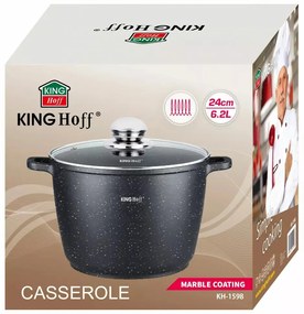 Oală cu capac 24 cm, 6.2L – Kinghoff KH 1598, cu strat antiaderent marmură, neagră, compatibilă cu toate plitele
