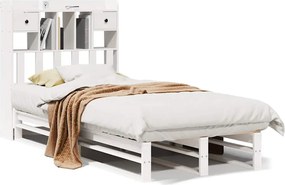 vidaXL Pat cu bibliotecă fără saltea, alb, 90x200 cm, lemn masiv pin