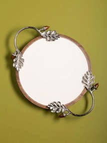 Platou decorativ din lemn de mango cu mânere din aluminiu argintiu și detalii florale, formă rotundă, 3 × 45 × 30 cm, „Silva"
