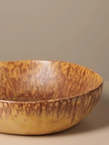 Bol pentru salată din ceramică, muștar și maro, formă organică, scurgeri maro pe margine, finisaj glazurat, 7,2 x 30 cm, „Intense”