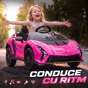 AIYAPLAY Mașină Electrică pentru Copii 3-6 Ani 12V Lamborghini Autentica, 2 Motoare, Uși Tip Foarfecă, Suspensii, Roz | Aosom Romania