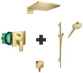 Set baterie de dus, Hansgrohe, Metropol, cu corp incastrat, bara si furtun, para de dus, palarie de dus, cot racord, auriu lucios