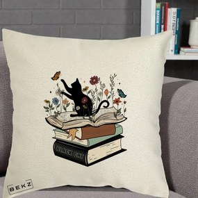 Perna Personalizata Pisica Neagra Carti Flori Fluturi, 40x40 cm, Ecru, Husa Detasabila, Perna Inclusa, BEKZ®