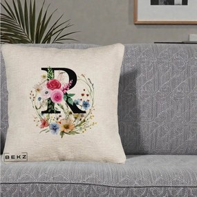 Cadou Personalizat - Perna Personalizata Monogram Litera R cu Flori Acuarela, 40x40 cm, Bej Canapea, Husa Detasabila, Perna Inclusa, BEKZ®