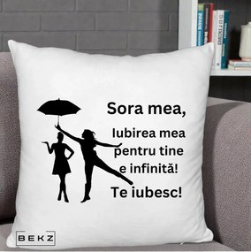 Cadou pentru Sora - Perna Personalizata Sora Mea Te Iubesc Siluete Negre cu Umbrela, 40x40 cm, Alb Pufos, Husa Detasabila, Perna Inclusa, BEKZ®