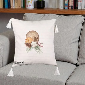 Perna Decorativa Aranjament de Craciun Nordic, 40x40 cm, Bej cu Franjuri, Husa Detasabila, Perna Inclusa, BEKZ®