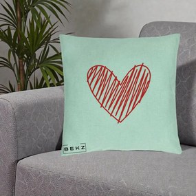 Perna Decorativa Inima Rosie Desen Manual, 40x40 cm, Verde Menta, Husa Detasabila, Perna Inclusa, BEKZ®