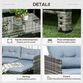 Outsunny Mobilier pentru Grădină cu Canapea cu 2 Locuri, Șezlong și Măsuță, Set pentru Grădină din Ratan, 62x124x62 cm, Gri | Aosom Romania