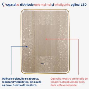 Oglindă LED Dreptunghiulară (60x80 cm), Lumină Rece, Intensitate Reglabilă, Funcție Dezaburire, Ceas (Timer) și Termometru, Ramă Aluminiu, Control Tactil (Touch)