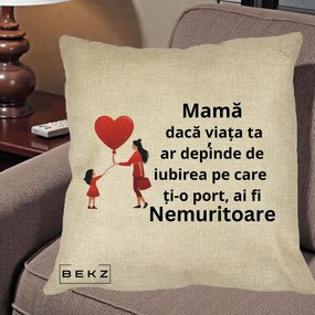 Cadou pentru Mama - Perna Personalizata Mama Nemuritoare cu Bebelus Kawaii, 40x40 cm, Crem, Husa Detasabila, Perna Inclusa, BEKZ®