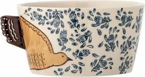 Bol din ceramică bej cu decor pasăre și motive florale pictate manual în tonuri de albastru și maro, 13x7 cm, "Hezha"