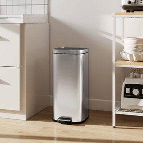 Coș de Gunoi HOMCOM de 30L cu Închidere Amortizată și Găleată Detașabilă, Pedală din Metal și PP, 29x36x59,5 cm, Argintiu | Aosom Romania
