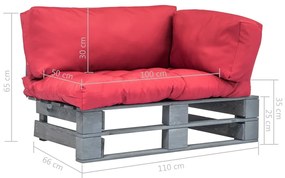 Canapea de gradina din paleti cu perne rosii, lemn pin Gri si rosu, 1