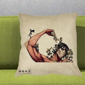 Perna Personalizata Attack on Titan Eren Titan Grup, 40x40 cm, Crem, Husa Detasabila, Perna Inclusa, BEKZ®