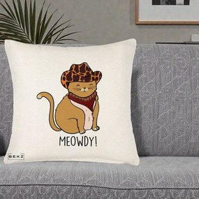 Perna Decorativa Pisica Cowboy Meowdy, 40x40 cm, Crem Reliefat, Husa Detasabila, Perna Inclusa, BEKZ®
