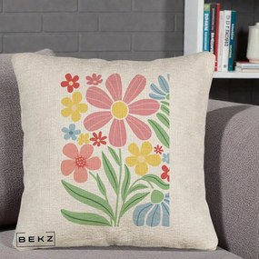 Perna Decorativa Flori Grafice Roz Pastel, 40x40 cm, Bej Canapea, Husa Detasabila, Perna Inclusa, BEKZ®