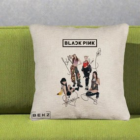 Perna Personalizata K-pop BLACKPINK Fotografie Grup Autografe Toate Membre, 40x40 cm, Bej Canapea, Husa Detasabila, Perna Inclusa, BEKZ®