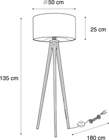 Lampă de podea trepied din lemn de nuc cu abajur roșu și interior auriu 50cm - Tripod Classic