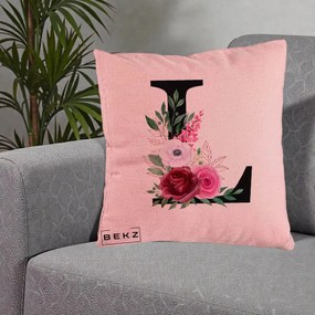 Cadou Personalizat - Perna Personalizata Monograma Florala Litera L, 40x40 cm, Roz, Husa Detasabila, Perna Inclusa, BEKZ®