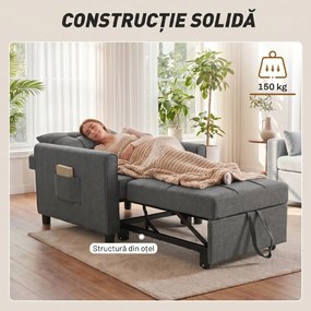HOMCOM Fotoliu Pat Single 3 în 1 din Material Textil Tip In și Lemn cu Spătar Reclinabil, Pernă, Buzunare, Gri | Aosom Romania