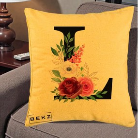 Cadou Personalizat - Perna Personalizata Monograma Florala Litera L, 40x40 cm, Galben, Husa Detasabila, Perna Inclusa, BEKZ®