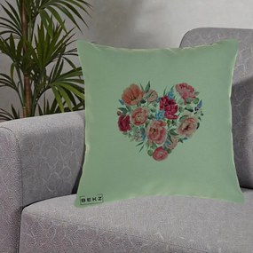 Perna Decorativa Inima din Bujori Acuarela, 40x40 cm, Verde, Husa Detasabila, Perna Inclusa, BEKZ®