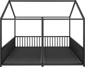 Pat dublu pentru copii 90x200 cm, formă de casă, cu barieră de siguranță, fără saltea, Negru