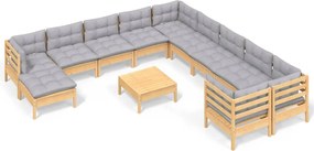 vidaXL Set mobilier grădină cu perne, 12 piese, gri, lemn masiv pin