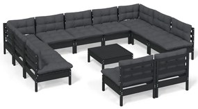 3097221 vidaXL Set mobilier grădină cu perne, 12 piese, negru, lemn masiv pin