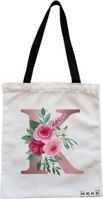 Sacosa de Panza pentru Cumparaturi, Geanta Tote, Cu litera K Rose Gold si Trandafiri, Cu fermoar, 38x34.5 cm, Alba, BEKZ®