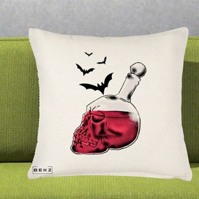 Perna Decorativa Halloween Craniu-Sticla cu Lilieci, 40x40 cm, Crem Reliefat, Husa Detasabila, Perna Inclusa, BEKZ®