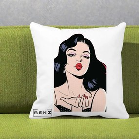Perna Decorativa Femeie Pop-Art Kiss, 40x40 cm, Alba Mata, Husa Detasabila, Perna Inclusa, BEKZ®