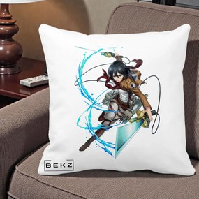 Perna Personalizata Attack on Titan Mikasa Ackerman Lupta, 40x40 cm, Alba Mata, Husa Detasabila, Perna Inclusa, BEKZ®