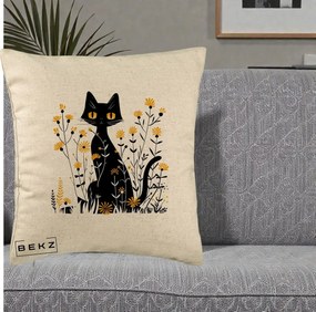 Perna Decorativa Pisica Neagra Ochi Galbeni Flori Galbene, 40x40 cm, Bej, Husa Detasabila, Perna Inclusa, BEKZ®