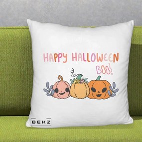 Perna Decorativa Happy Halloween Boo Trei Dovlecei Kawaii, 40x40 cm, Alb Pufos, Husa Detasabila, Perna Inclusa, BEKZ®
