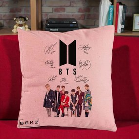 Perna Personalizata K-pop BTS Semnaturi Foto, 40x40 cm, Roz, Husa Detasabila, Perna Inclusa, BEKZ®